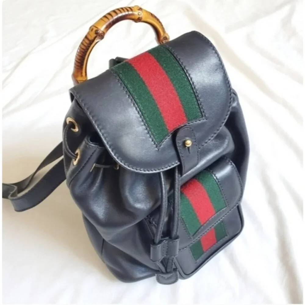 Authentic Vintage Gucci Bamboo Mini Backpack Black Leather Web Detail - Picture 2 of 15
